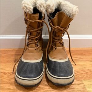 Sorel Women's Brown Tan and Black Winter Rain Boots with Shearling Collar